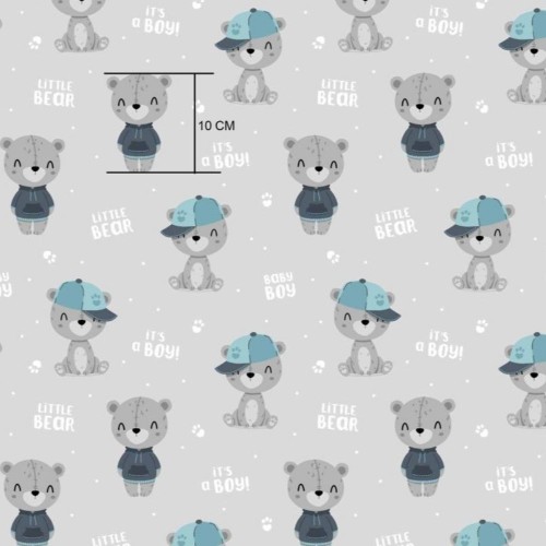 Bawełna misie w czapkach na szarym tle, tkanina o splocie płóciennym, 125 g/m², szerokość 160 cm – na metry, do odzieży, pościeli i dekoracji.