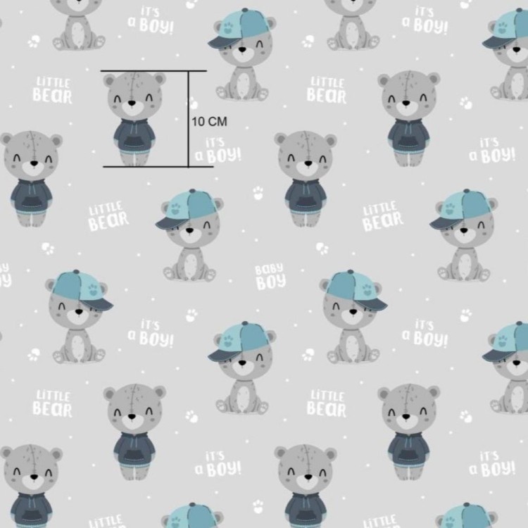 Bawełna misie w czapkach na szarym tle, tkanina o splocie płóciennym, 125 g/m², szerokość 160 cm – na metry, do odzieży, pościeli i dekoracji.