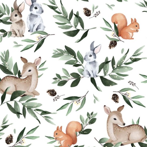 Bawełna sarenki w liściach na białym tle, tkanina o splocie płóciennym, 125 g/m², szerokość 160 cm – na metry, do odzieży, pościeli i dekoracji. Hurtownia tkanin Maxmaro Poznań.