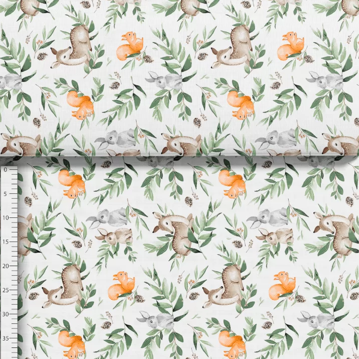 Bawełna sarenki w liściach na białym tle, tkanina o splocie płóciennym, 125 g/m², szerokość 160 cm – na metry, do odzieży, pościeli i dekoracji.