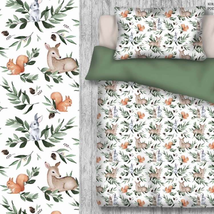 Bawełna sarenki w liściach na białym tle, tkanina o splocie płóciennym, 125 g/m², szerokość 160 cm – na metry, do odzieży, pościeli i dekoracji. Hurtownia Maxmaro.