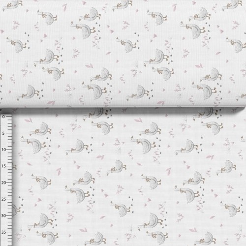 Bawełna gąski retro różowe listki na białym tle, tkanina o splocie płóciennym, 125 g/m², szerokość 160 cm – na metry, do odzieży, pościeli i dekoracji.