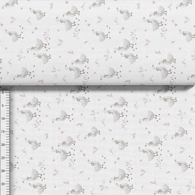 Bawełna gąski retro różowe listki na białym tle, tkanina o splocie płóciennym, 125 g/m², szerokość 160 cm – na metry, do odzieży, pościeli i dekoracji.