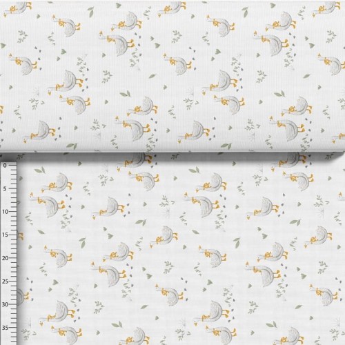 Bawełna gąski retro zielone listki na białym tle, tkanina o splocie płóciennym, 125 g/m², szerokość 160 cm – na metry, do odzieży, pościeli i dekoracji.