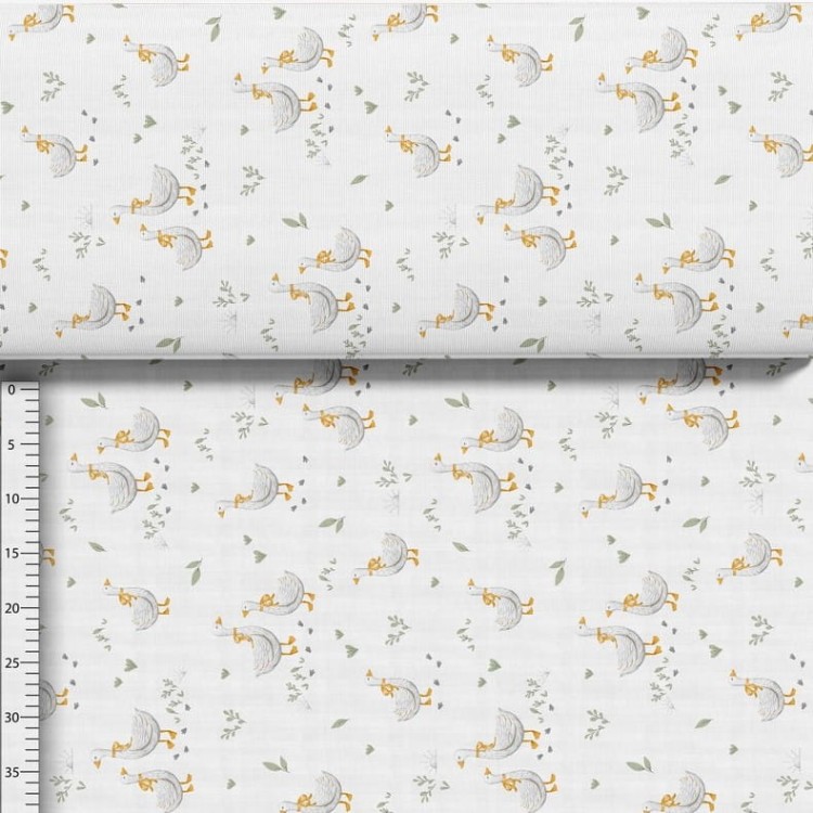 Bawełna gąski retro zielone listki na białym tle, tkanina o splocie płóciennym, 125 g/m², szerokość 160 cm – na metry, do odzieży, pościeli i dekoracji.