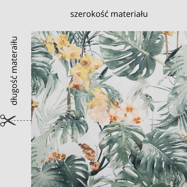 Tkanina wodoodporna Oxford Economic druk cyfrowy Storczyk i liście tropikalne E001 od 5 mb szerokość materiału