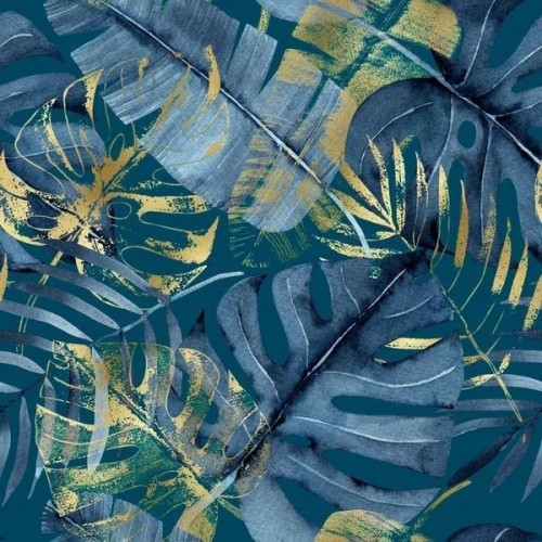 Tkanina wodoodporna Oxford druk cyfrowy Monstera niebiesko-złota D091 na metry