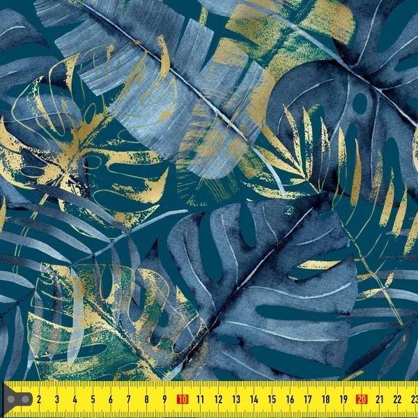 Tkanina wodoodporna Oxford druk cyfrowy Monstera niebiesko-złota D091 wielkość wzoru